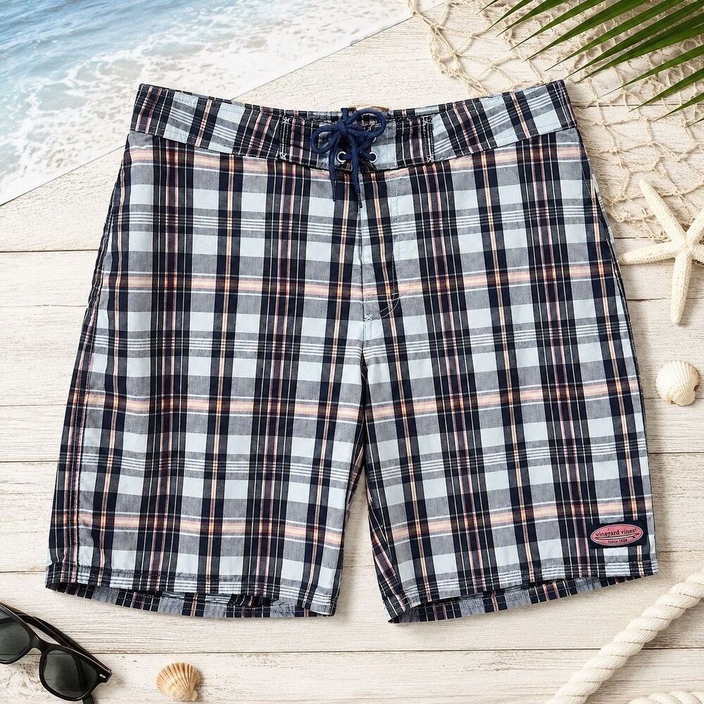 Vineyard Vines Men's Plaid Board Shorts Swim Trunks Size 34 Blue/Gray